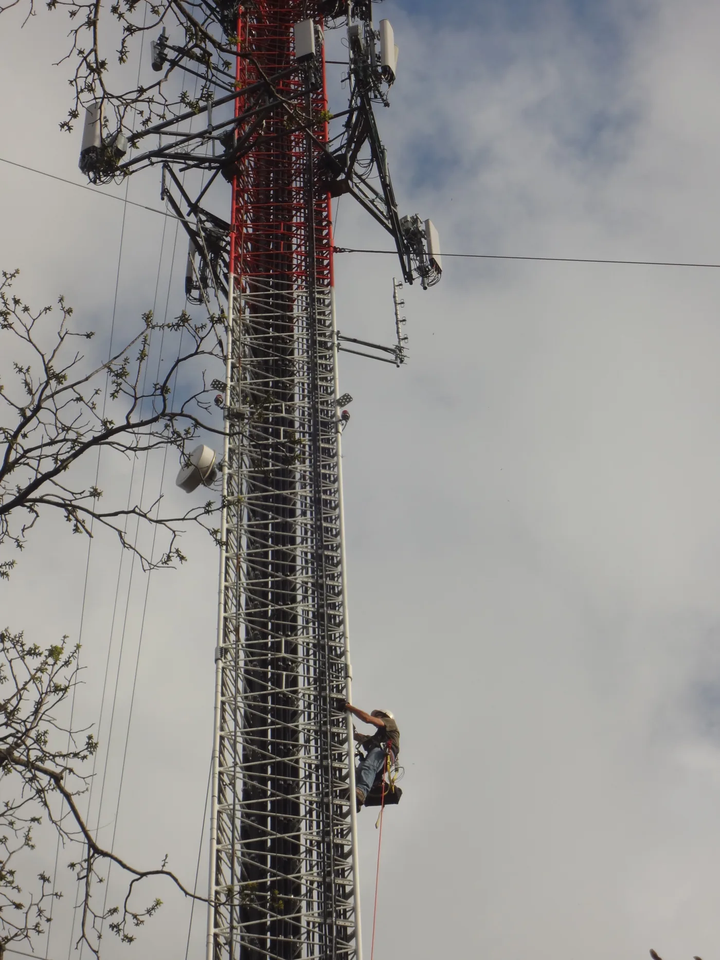 A WRA member climbing a red and white tower to service antennas at a coordinated repeater site