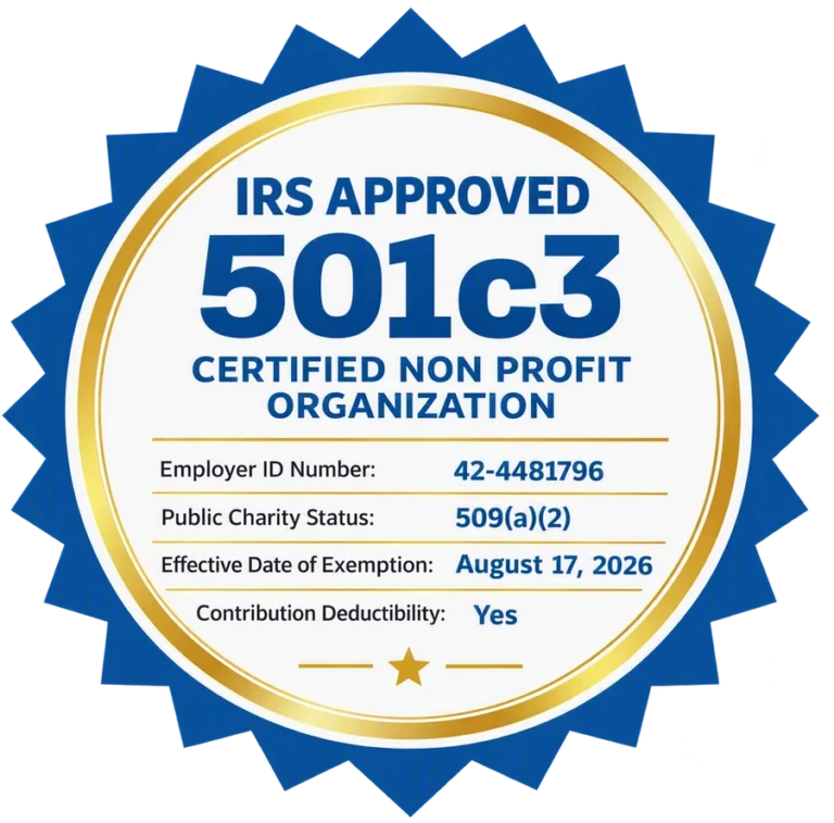 IRS approved 501(c)(3) certified nonprofit organization. Employer ID Number 42-4481796, public charity status 509(a)(2), effective date of exemption August 17, 2026, contributions deductible.